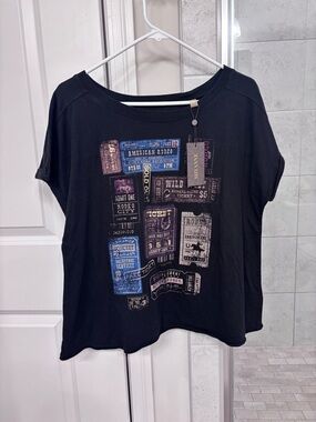 Black Graphic Long Sleeve Tee with Ticket Print
